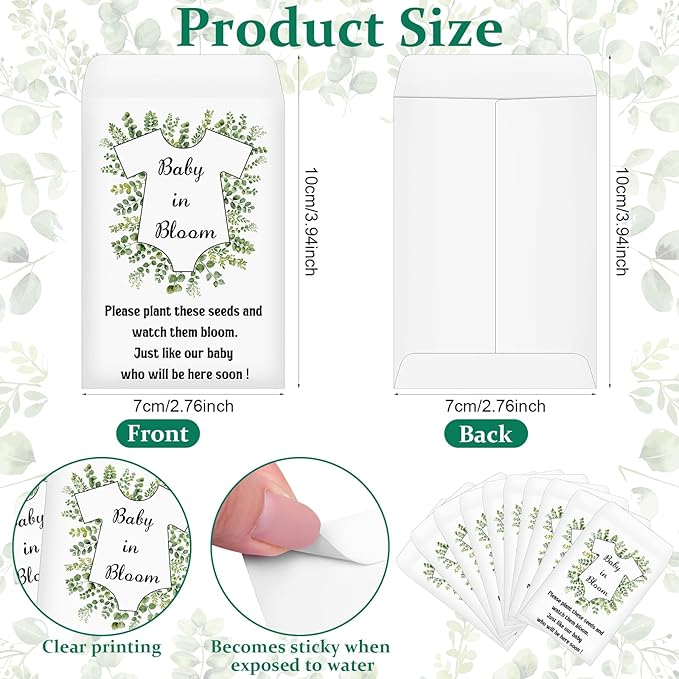 FIONUPI 100 Sets Baby Shower Party Favors Seed Packets Wildflower Kraft Self Adhesive Seed Envelopes Thank You Tags Organza Bag Boys Girls Gender Reveal Gifts for Guest Baby in Bloom Decor(No Seeds)