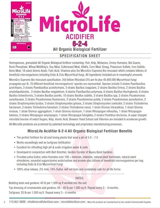 MicroLife Acidifier (6-2-4) Professional Grade Granular Organic Fertilizer (for Acid Loving Plants) Roses Blueberries Azaleas Camellias, 7 LBS