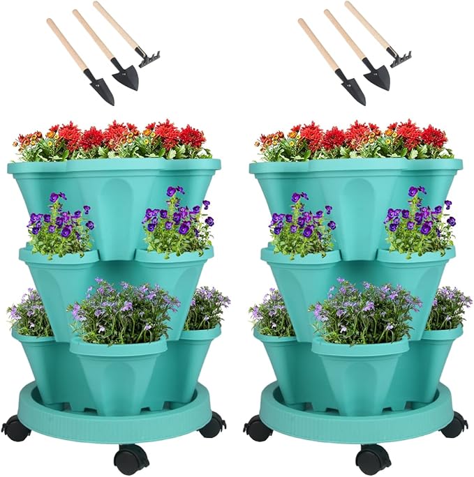 GameXcel Vertical Planter 3 Tier Stackable Planters Garden Planters Strawberry Herb Flower and Vegetable Planter Indoor Outdoor Gardening Pots with Removable Wheels and Tools