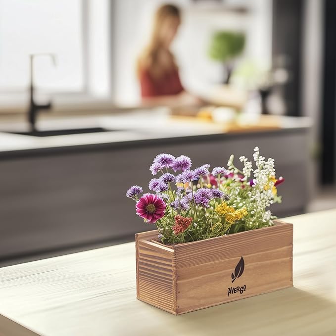 AVERGO Wildflower Seed Mix Growing Kit - Includes Perennial & Annual Wild Flowers, Burlap Planters, Soil, Wooden Box, and Gardening Tools for Indoor Garden and Patio Planting