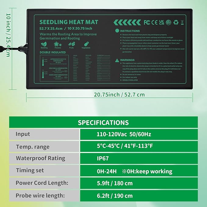 Seedling Heat Mat with Temperature Control Durable Waterproof Plant Heating Pad 10"x 20.75" for Germination, Indoor Gardening, Greenhouse