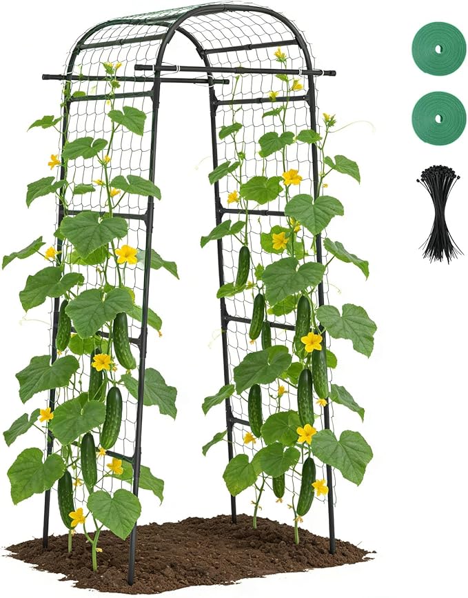 Suteck Garden Arch Cucumber Trellis – 85" Metal Garden Trellis Arch with Nylon Net for Climbing Vegetables, Vertical Plant Support for Raised Beds, Backyards & Patios, Ideal for Home Gardeners