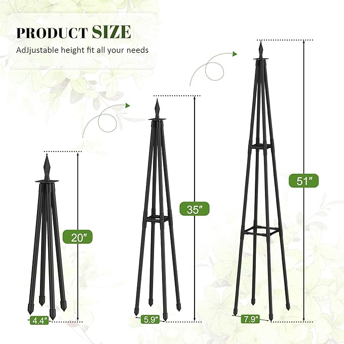 4 FT Obelisk Trellis for Climbing Plants,Garden Trellis with Extra Thickened Plastic-Coated Metal Pipes, Outdoor & Indoor Garden Support for Potted Plants, Black