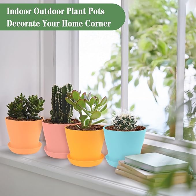 5.5 Inch Plant Pots Indoor Outdoor, 8 Pack Colorful Plant Flower Pots with Drainage Holes and Saucers Plastic Planters Nursery Pots for Garden Plants Flowers Succulents