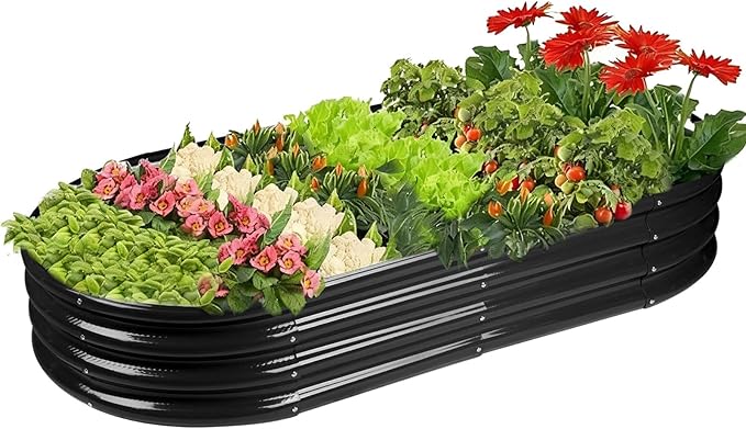 Raised Garden Bed GRS Certified Galvanized Planter Box Outdoor, 5ft Oval Rot-Resistant Metal Garden Bed Planter, Recycled Material Planter for Vegetables Flowers Herbs (Black)