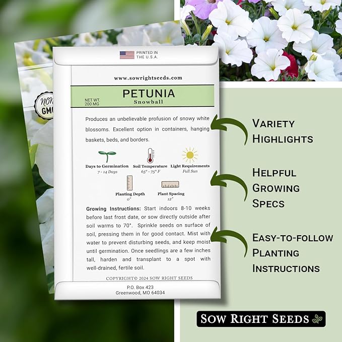 Sow Right Seeds - Snowball Petunia Seeds for Planting Outdoors - Non-GMO Heirloom Variety - Dwarf Flower - Easy to Grow White Petunias - Ideal for Flower Beds, Garden Borders, Containers (4)