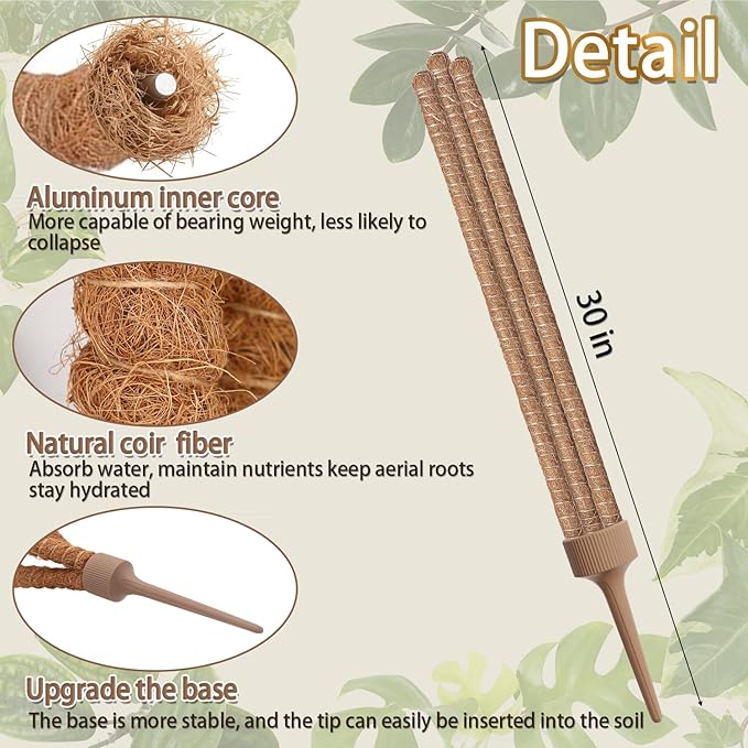 3 Moss Poles in 1, Bendable Monstera Plant Support, 30IN Tall Plant Support for Indoor Plants, Coir Pole Plant Stakes for Climbing Plants, Pothos, Philodendron-2 Pack