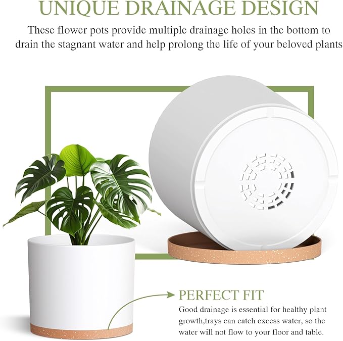 10/9/8 Inch Large Plant Pots with Drainage Holes and Trays, 3 Pack Modern Minimalist Cylinder Planters for Monstera, Snake Plant, Indoor Outdoor (Matte White & Brown)