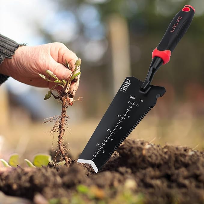 Heavy Duty Stainless Steel Garden Trowel, Serrated Edge Root Cutter, All-Purpose Hand Shovel Ideal for Digging, Weeding, Transplanting, Planting Bulbs and Soil Scooping (Red)