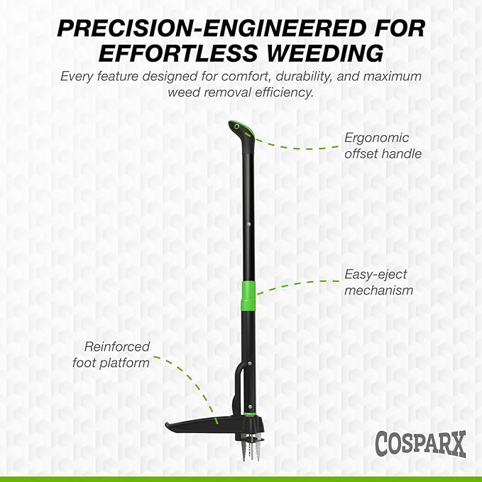 Weed Puller Tool with Long 43” Handle, No Bending, Easy Eject – Removes Weeds Effortlessly, Sturdy Foot Pedal & Lightweight Aluminum - 4-Claw Hand Weeding Tool