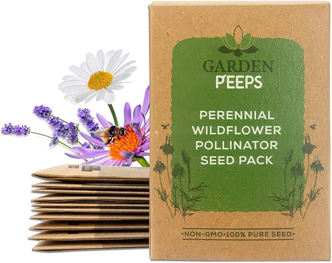 Garden Peeps Perennial Wildflower Pollinator Seed Pack - 10 Unique Varieties, 100% Pure, Non-GMO, Eco-Friendly Seeds for Year-Round Blooms