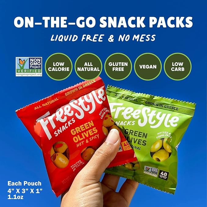 Freestyle Snacks Olive Snack Packs - As Seen on Shark Tank - Single Serve - Fresh Pitted Kalamata Olives, Grown in Greece, All Natural, Non-GMO, Sugar-Free, Salty Snack - Kalamata, 1.1oz (6 Pack)