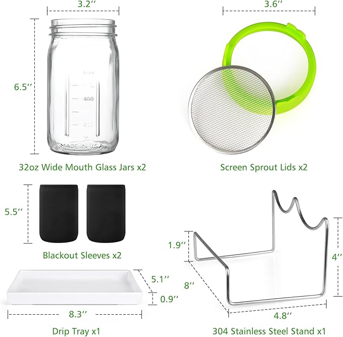 Kitmiido Seed Sprouting Kit, 2 Large Wide Mouth Mason Jars with Sprout Lids, Blackout Sleeves, Drain Tray, Stainless Steel Stand, Sprouts Growing Kit for Bean, Broccoli, Alfalfa (Yellow+Green)