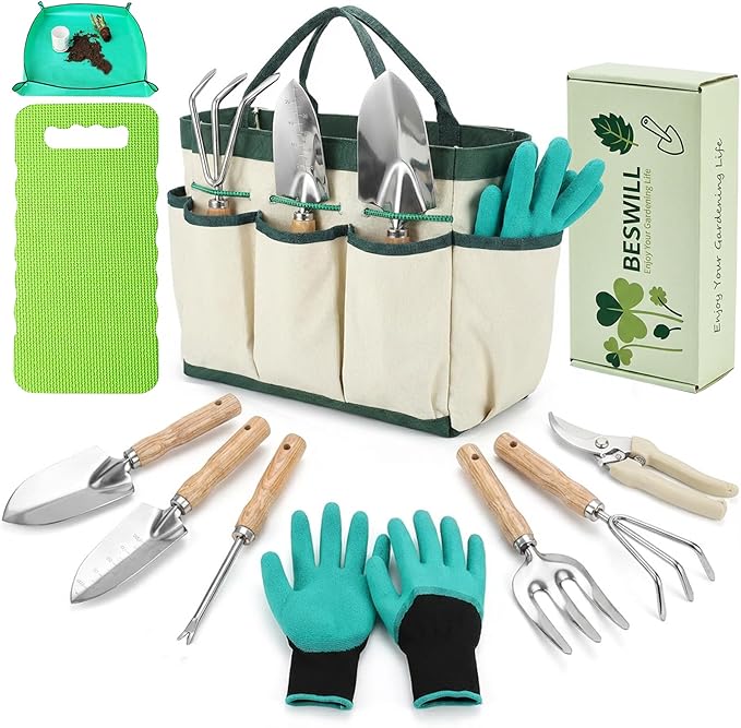 10-Piece Heavy-Duty Gardening Tools Set with Tote Bag - Rust-Proof Aluminum Gardening Hand Tools with Non-Slip Ergonomic Wood Handle - Gardening Supplies Set Ideal Gift for Men & Women