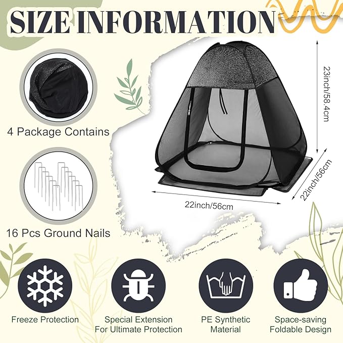 4 Pack Pop up Plant Shade Tent with UV Top, Garden Mesh Tent Cover with Zipper Door and 16 Stakes, Sunblock Plant Shade Cloth for Outdoor Vegetables Flowers Shrubs(22x22x23in)