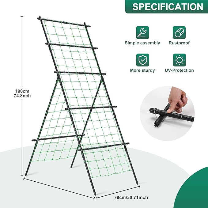 Cucumber Trellis A Frame Garden Trellis, Vertical Plant Support with Netting for Raised Bed Backyard Gardening, PE Coated Steel Climbing Trellis for Cucumbers Tomatoes Beans