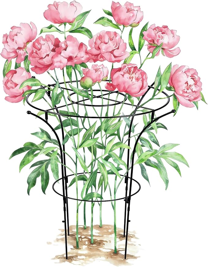 1 Pack Metal Peony Plant Support Cage,32.2" H x 19.2" D Grow Through Flower Support with Wide Top Ring,Bouquet Shape Flower Cage for Peonies Roses and Top-Heavy Blooms