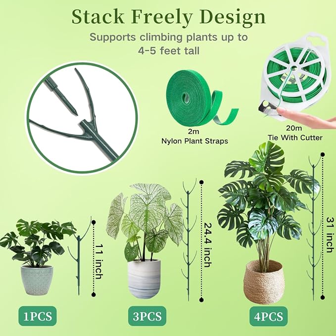 8 Pack Stackable Monstera Plant Support Stakes,8Pcs 11 Inch Climbing Plant Sticks Structures with Garden Ties, Durable Alternative to Moss Pole for Indoor Outdoor Plants