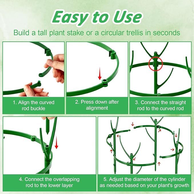 10 Pack Stackable Plant Support Stakes & Adjustable Circular Trellis, Garden Trellis for Climbing Plants Indoor and Outdoor Use, Garden Accessories for Monstera, Pothos, Tomato