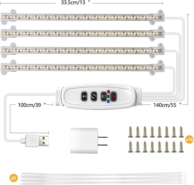 LED Plant Growing lamp,3000K/6000K Full Spectrum Grow Light Strips for Indoor Plants with 3/9/12H Timer & 10 Dimmable Levels,Led Plant Lights for Green House Hydroponics Succulent (4 Bars)