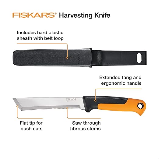 Fiskars Harvesting Knife, Gardening Gifts for Women, Serrated Edge Hand Tool with Sheath, Black