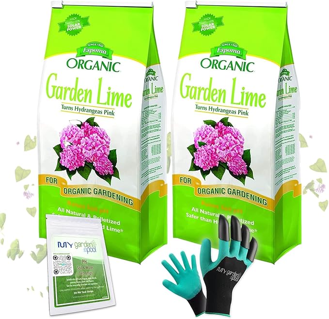 MYGP Organic Garden Lime; Raises Soil pH Contains pelletized dolomitic Lime for Organic Gardening; 5 lb with a My Garden Pool PH Soil Test Strips 20 ct, and Superior Gardening Claw Gloves - 2 Pack