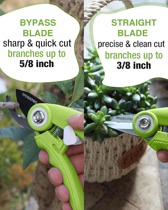 WORKPRO 2 Pack Garden Pruning Shears, 6.9" Bypass & Straight Shears, Premium Gardening Clippers for Flowers, Plants, and Fruit Trimming, Green