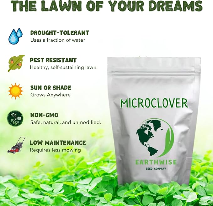 Earthwise Microclover Alternative Lawn Seed – Low-Maintenance, Eco-Friendly Turf – 1/2 lb – Covers 250–500 sq ft
