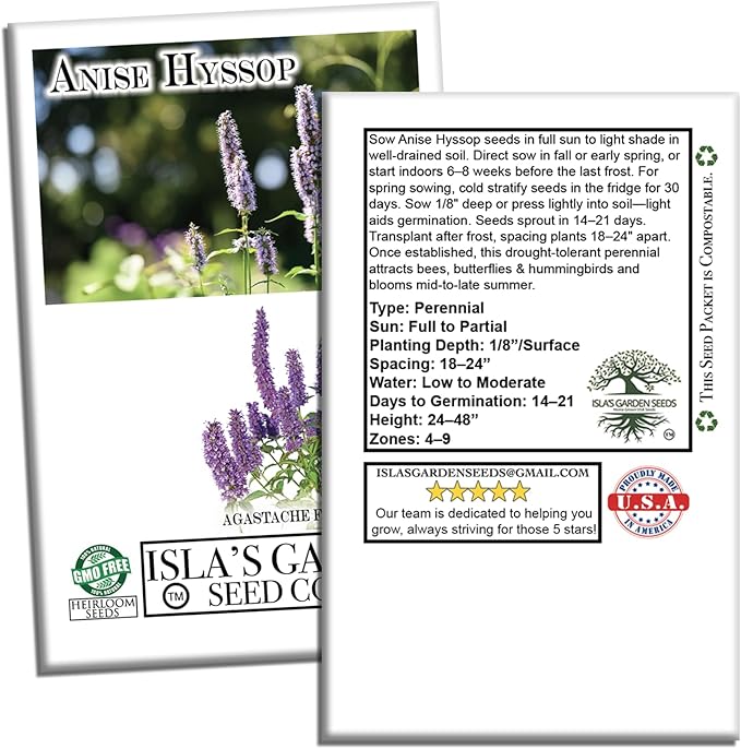 Anise Hyssop Seeds (Agastache foeniculum) – 500+ Non-GMO Heirloom Herb & Flower Seeds for Planting, Fragrant Licorice Mint Wildflower, Attracts Bees & Butterflies, by Isla’s Garden Seeds, Gift Idea