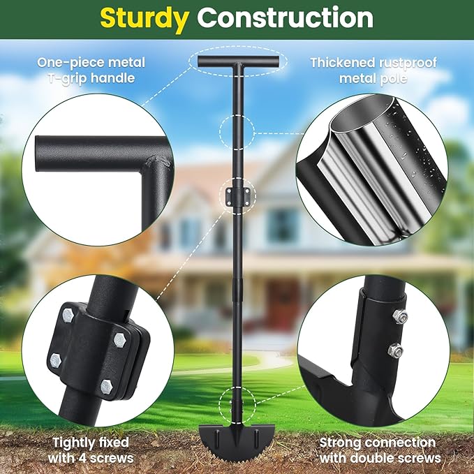 Half Moon Edger Lawn Tool, Sharp Saw-Tooth Hand Lawn Edging Tool for Landscaping, 48.5" Adjustable Long Handle Manual Edgers with T-Grip for Sidewalk Flower Bed Yard Garden Border Cable Burying