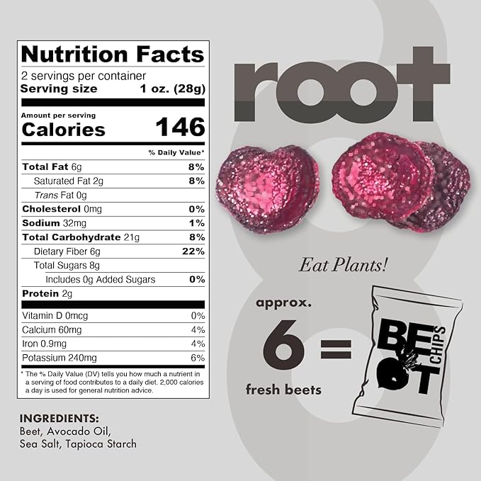 Root Foods Beet Chips, Natural Veggie Snack, Non-GMO Vegetable Crisps, Good for Adults, Kids, Vegan, Gluten Free, Kosher, Halal
