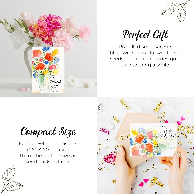 Pack of 20 Pre-Filled "Thank You" Plant Seed Packets Beautiful Flower Vase Party Favors for Guests, bridal shower favors, Parties, Wedding favors, Wildflower Seeds Mix Plant for Year -Round