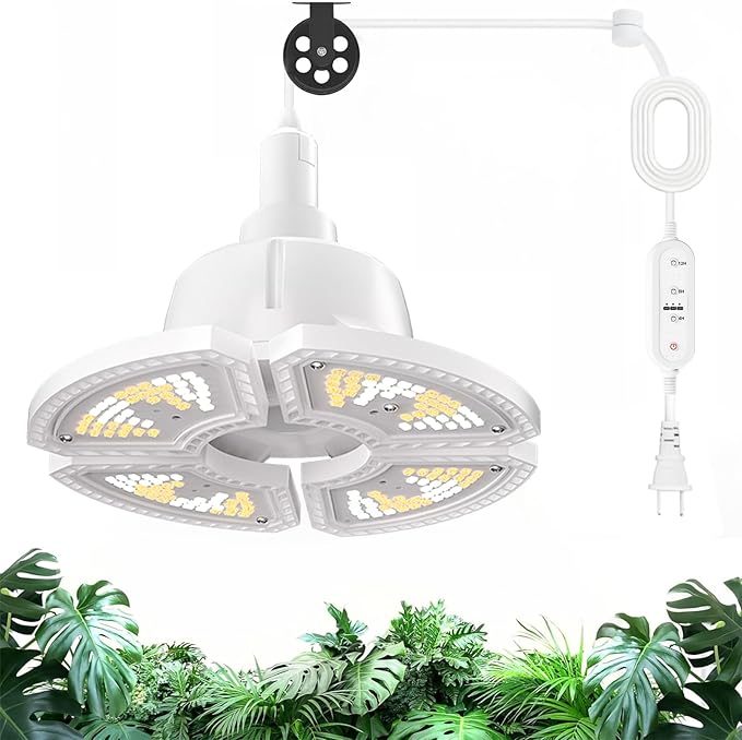 RDJ Bouns Hanging Grow Light for Indoor Plants, 80W Full Spectrum Pendant Grow Lights with 4H/8H/12H Timer Switch, 16.4ft Power Cord, Plug in Plant Lights with Adjustable Pulley and Panel
