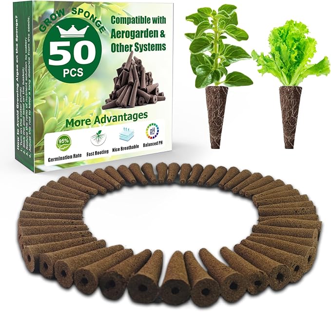 Seed Starter Grow Sponges for Aerogarden, PH-Balanced Refill-Seed Pods Replacements for Indoor Hydroponic System, 50 Pack, Brown