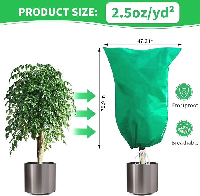 Phopich 2 Pack Plant Covers Freeze Protection, 47''W x 78''H 2.5oz/yd² Winter Tree Frost Blankets Frost Cloths Protectors Bag Cover with Zipper Drawstring for Outdoor Plants Shrub Fruit Trees Potted
