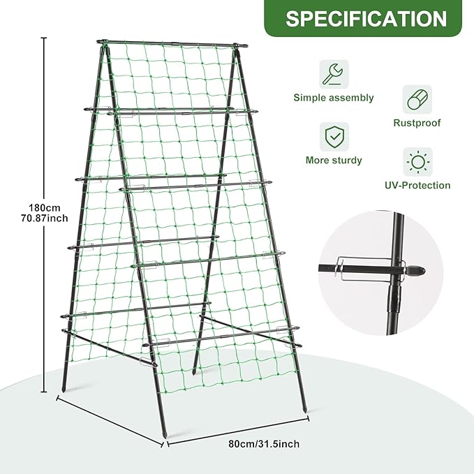 Lalahoni Garden Trellis for Climbing Plants Outdoor, 31.5x70.8 inch Metal A-Frame Cucumber Trellis Raised Bed, Climbing Plant Support Vine Fruit Flower Vegetable Tomato Peas Bean Trellis, with Netting