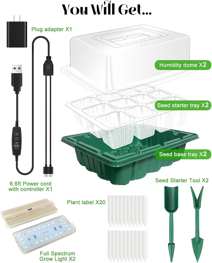 Seed Starter Tray with Grow Light (2x 24-LED), 2 Pack Seed Starter Kit with Humidity Domes and Timing Controller, Adjustable Brightness, Reusable Seedling Starter Tray, Thicken Seed Starting Trays