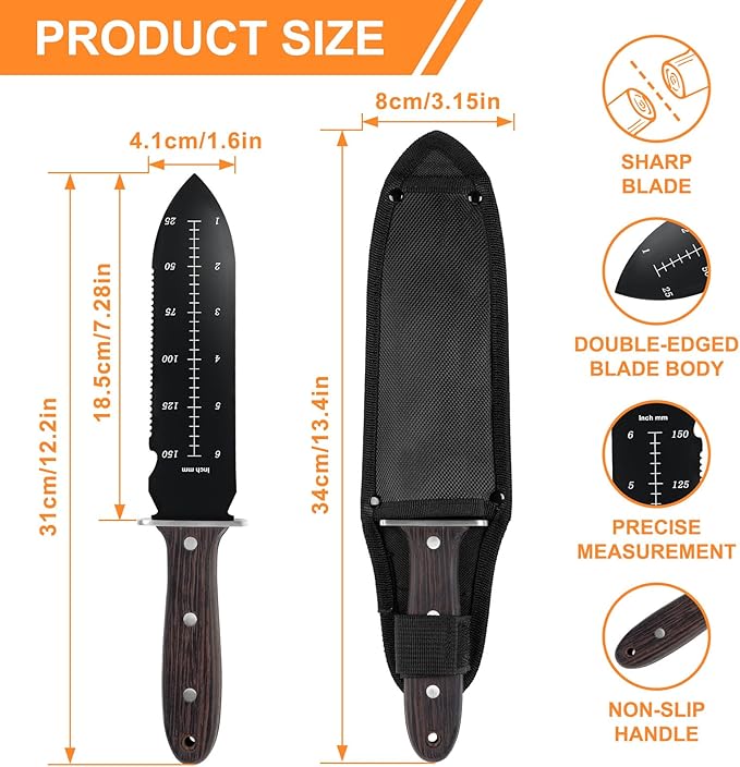 Hori Hori Garden Knife, Garden Tools with Sheath for Weeding, Planting, Digging, 7in/18.5cm Stainless Steel Blade, Full-Tang Walnut Wood Handle with Hanging Hole, Wooden Handle