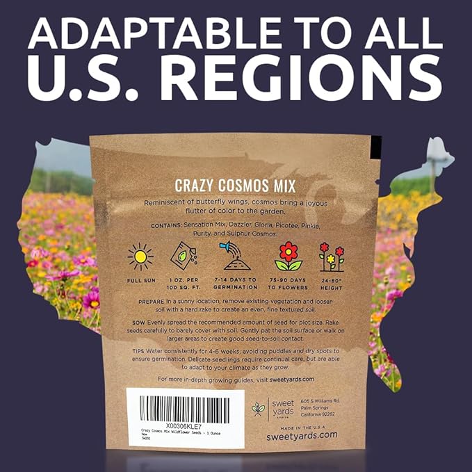 Cosmos Seeds Wildflower Mixture - Bulk 1 Ounce Packet - Over 5,000 Seeds - Pink, Yellow, Orange, Red, Purple and White Mixed Species!