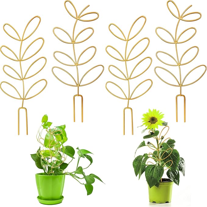 4 Pcs Small Metal Trellis for Potted Plants, Indoor Plants Trellis for Climbing, Mini Plant Trellis Support Stake House Plant Trellis for Garden Potted, Hoya, Pothos, Flower, Monstera (Gold)
