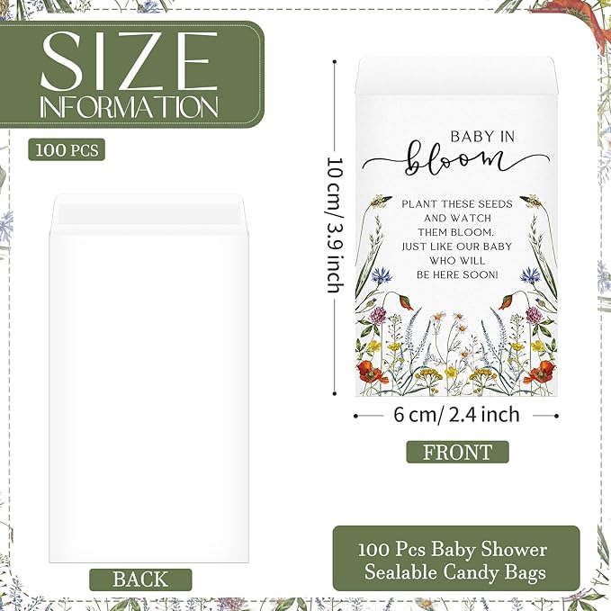 Maitys 100 Pcs Baby Shower Seed Packets Favors for Guests Baby in Bloom Wooden Sign Self Adhesive Envelopes Packet Storage Decor, No Seeds(Wildflowers)