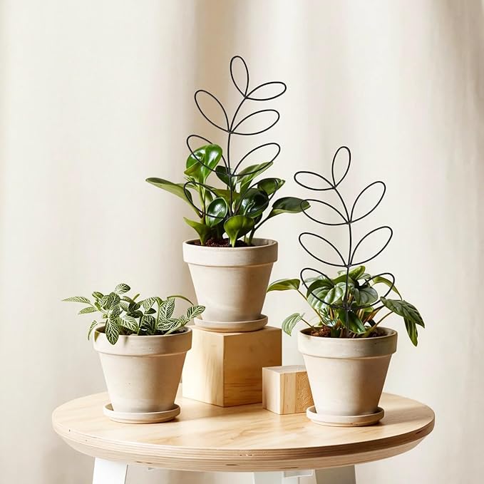 2 Pack 14.8 Inch Plant Trellis Indoor for Climbing Plants with 50 Plant Ties, Small Metal Garden Trellis for Potted Plants, Leaf Shaped Support for Ivy Hoya Pothos Monstera Houseplants