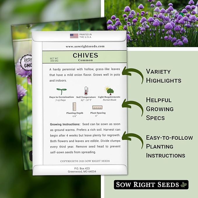 Sow Right Seeds - Common Chives Seed for Planting - Non-GMO Heirloom Packet with Instructions to Plant and Grow Kitchen Herb Garden Indoor or Outdoor - Mild Onion Flavor (4)