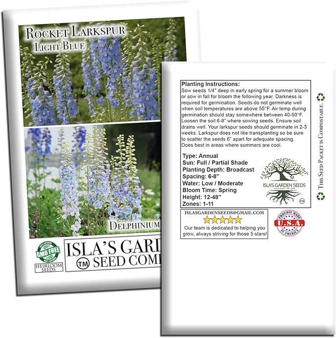 Larkspur Rocket Light Blue Flower Seeds (Delphinium ajacis) – 250+ Heirloom Non-GMO Seeds by Isla’s Garden Seeds, Tall Spikes for Cut Flowers, Cottage Garden Favorite, Cool-Season Annual Blooms