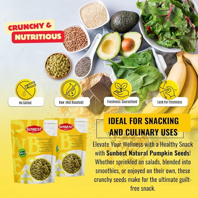 Sunbest Natural - Pumpkin Seeds Raw and Fresh, Pumpkin Seeds Unsalted, Whole Shelled Pumpkin Seeds, Kosher Seeds for Snacks, Pumpkin Seeds Bulk, Non-GMO and Vegan Healthy Pumpkin Snacks, 3 Lbs.
