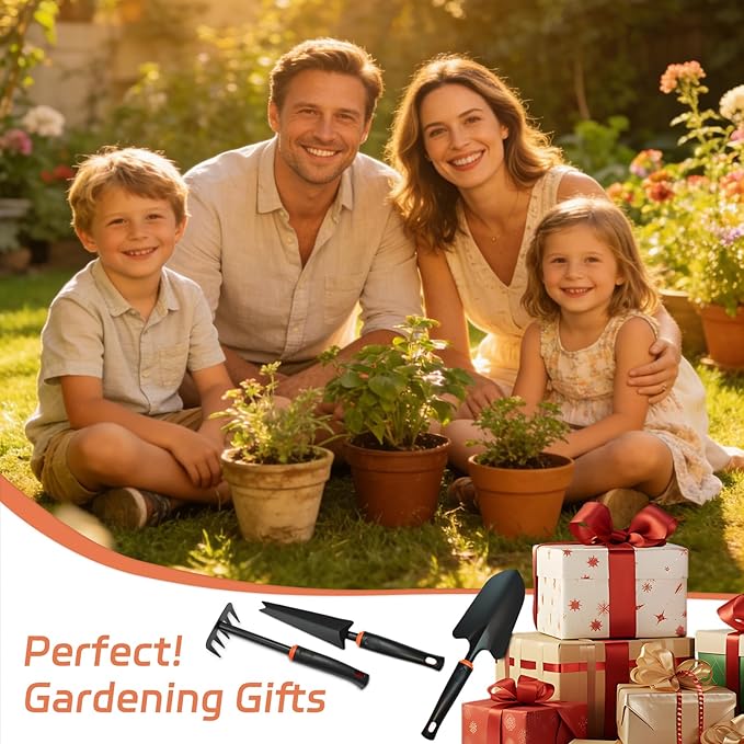 Garden Tool Set, Heavy Duty Gardening Tool Set with Ergonomic Handle, Rake Shovel Hand Hoe Double-Sided Cultivator Weed Puller Tool Set for Digging, Transplanting, Weeding (5Pcs Set)