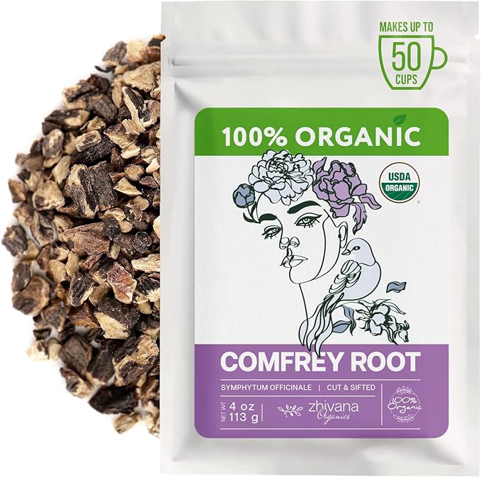 Zhivana Organics Organic Comfrey Root (4 oz.) for Skin, Bone, Muscles, Ligament Healing - Comfrey Herb (Symphytum Officinale)- Сonsuelda, Comfry, Comphrey, Confrey - Make Salves, Creams, Paultices