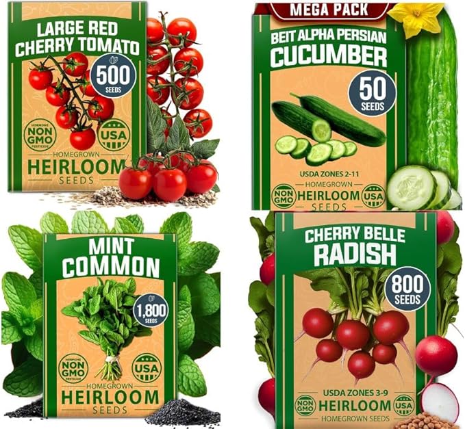 HOME GROWN 𝗨𝗦𝗔 𝗣𝗥𝗘𝗠𝗜𝗨𝗠 Common Mint Seeds 1,800 & Large Red Cherry Tomato 500 & Persian Cucumber 50 & Cherry Belle Radish Seeds 800