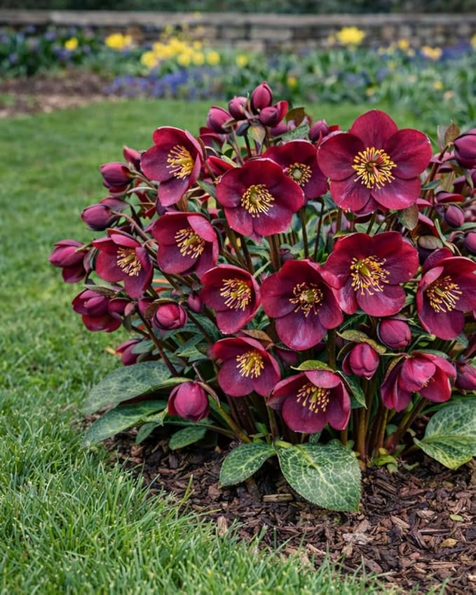 Perennial Farm Helleborus x Frostkiss® Vibey Velvet™ – Live Lenten Rose in #1 Container, Deep Velvet-Purple Blooms, Marbled Evergreen Foliage, Early Spring Color, Shade Loving, Deer Resistant