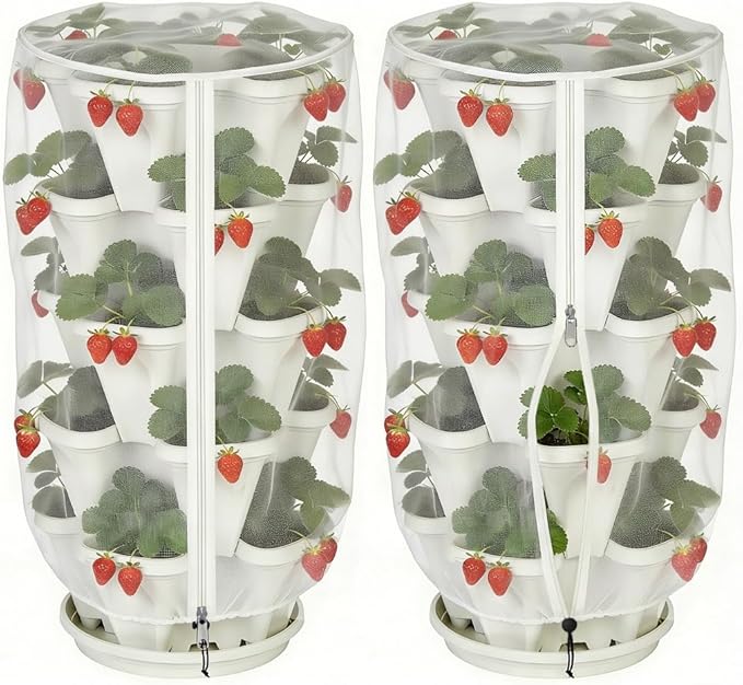2 Pcs Vertical Plant Pot Insect Netting with Zipper, 39"x20" Stackable Planter Garden Net Cover, 3 to 5 Tier Planter Pot Insect Bird Barrier Protection Mesh for Strawberry Herb Flower Fruit Vegetable